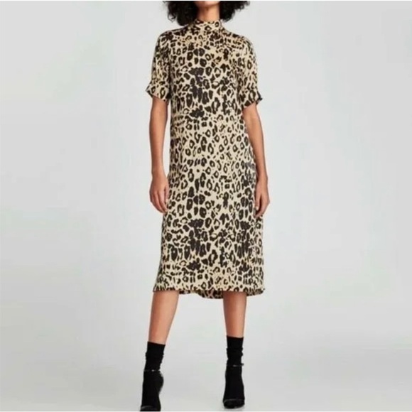 ZARA Leopard Print Satin Mock Neck Midi Shift Dress Size XS - Picture 1 of 9